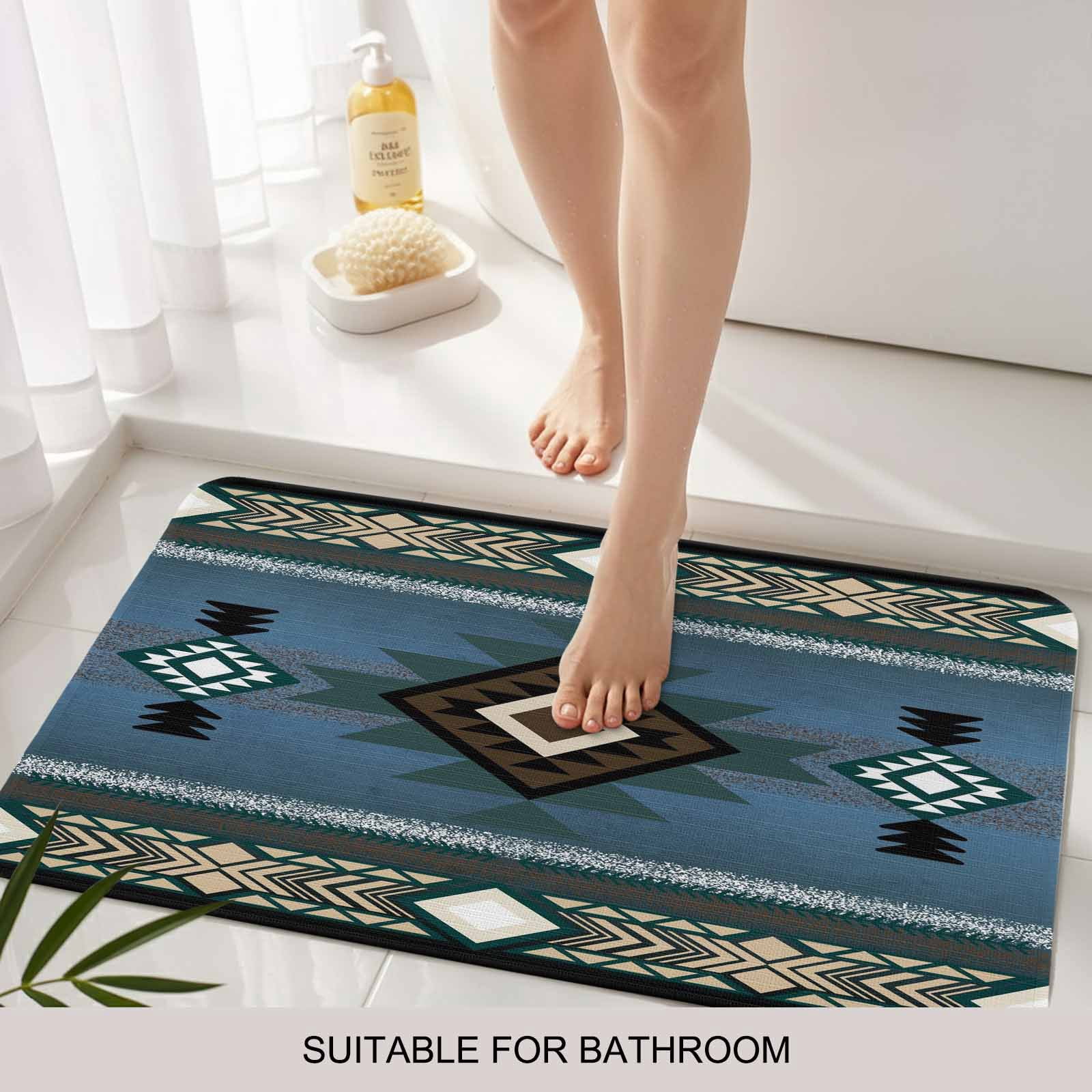 Blue Southwest Doormat Outdoor Entrance 18"x30", Farmhouse Boho Aztec Abstract Geometric Absorb Moisture Dirt Door Mats, Non-Slip Rubber Backing Floor Mats Indoor, Low-Profile Front Door Rugs