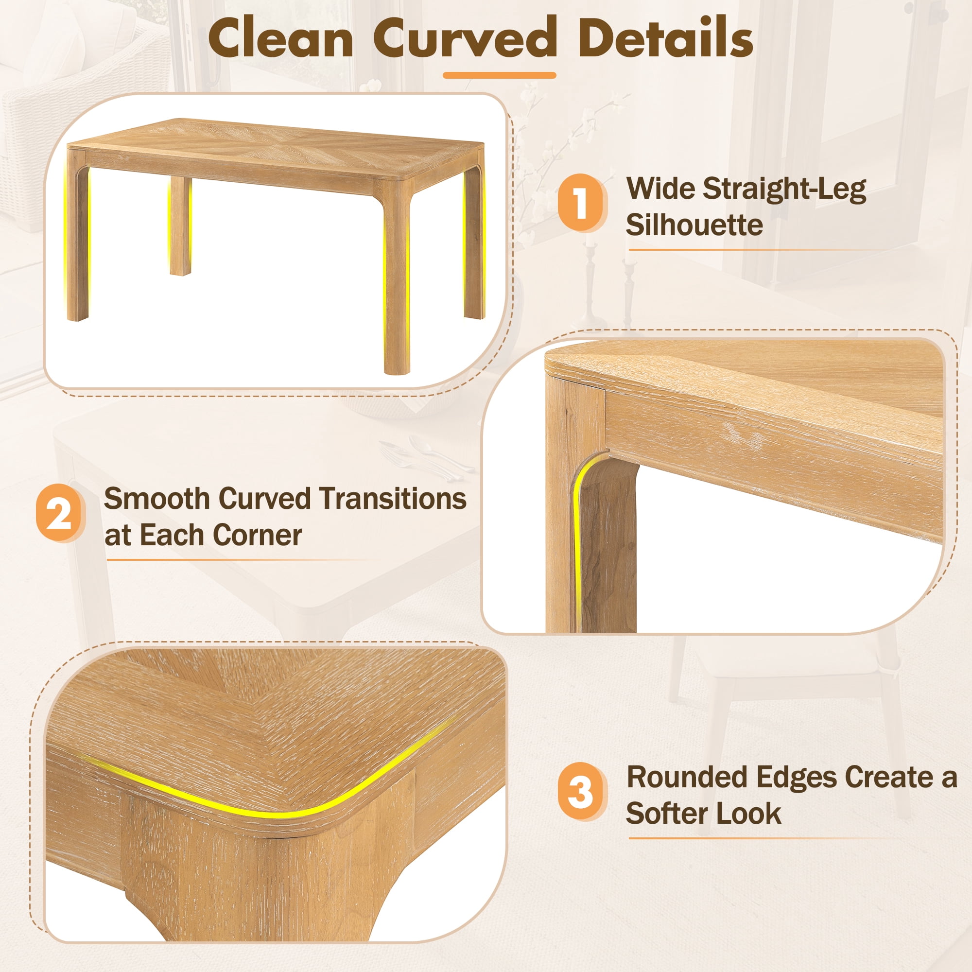 Euroco 60" Rectangular Dining Table for 4-6 Person,Farmhouse Wood Kitchen Table with Rounded Corners and Curved Leg for Kitchen Living Room,Natural