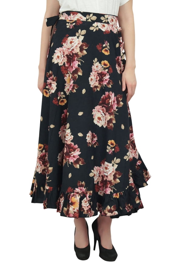 Cotton Ruffled Self Belt Floral Printed Magic Women's Wrap Skirt-Black