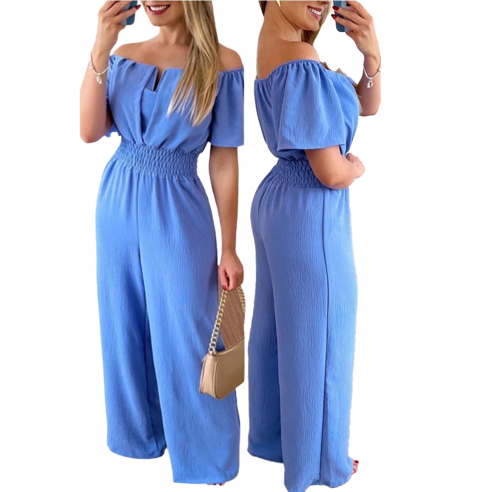 FJUCHAI Women's Casual Jumpsuits Loose Overalls Short Sleeve One Piece Wide Leg Long Pant Rompers With Pockets S-XL