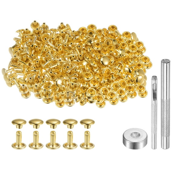 Uxcell 200 Sets Leather Rivets 7mm x 8mm Metal with 3 Setter Tools for Craft, Gold Tone