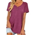 thumbnail image 4 of HUBERY Women Solid Color V Neck Front Buttons Short Sleeve T-Shirt, 4 of 6
