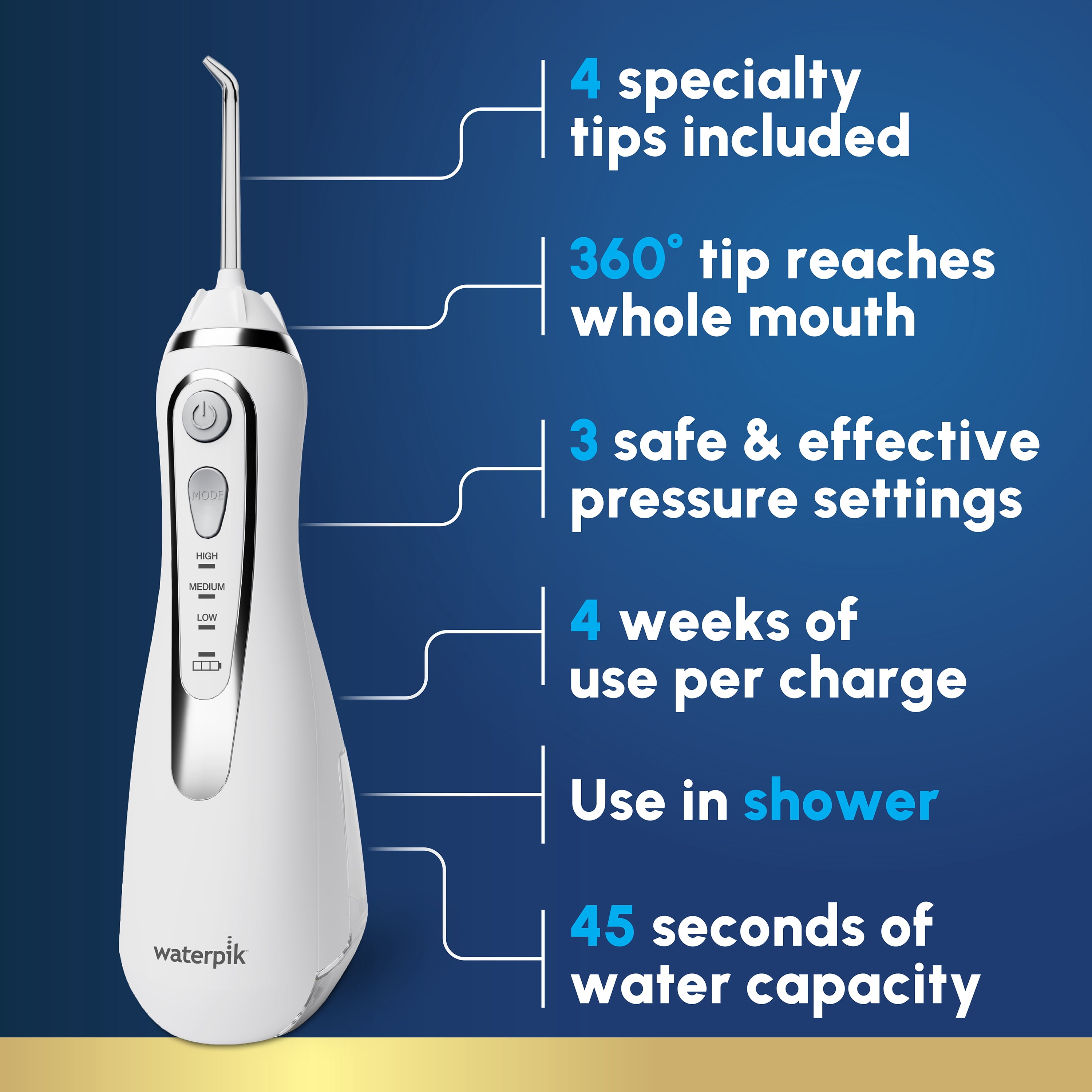 Waterpik Cordless Advanced 2.0 Water Flosser with 3 Settings, 4 Tips & Travel Bag, ADA Accepted, White