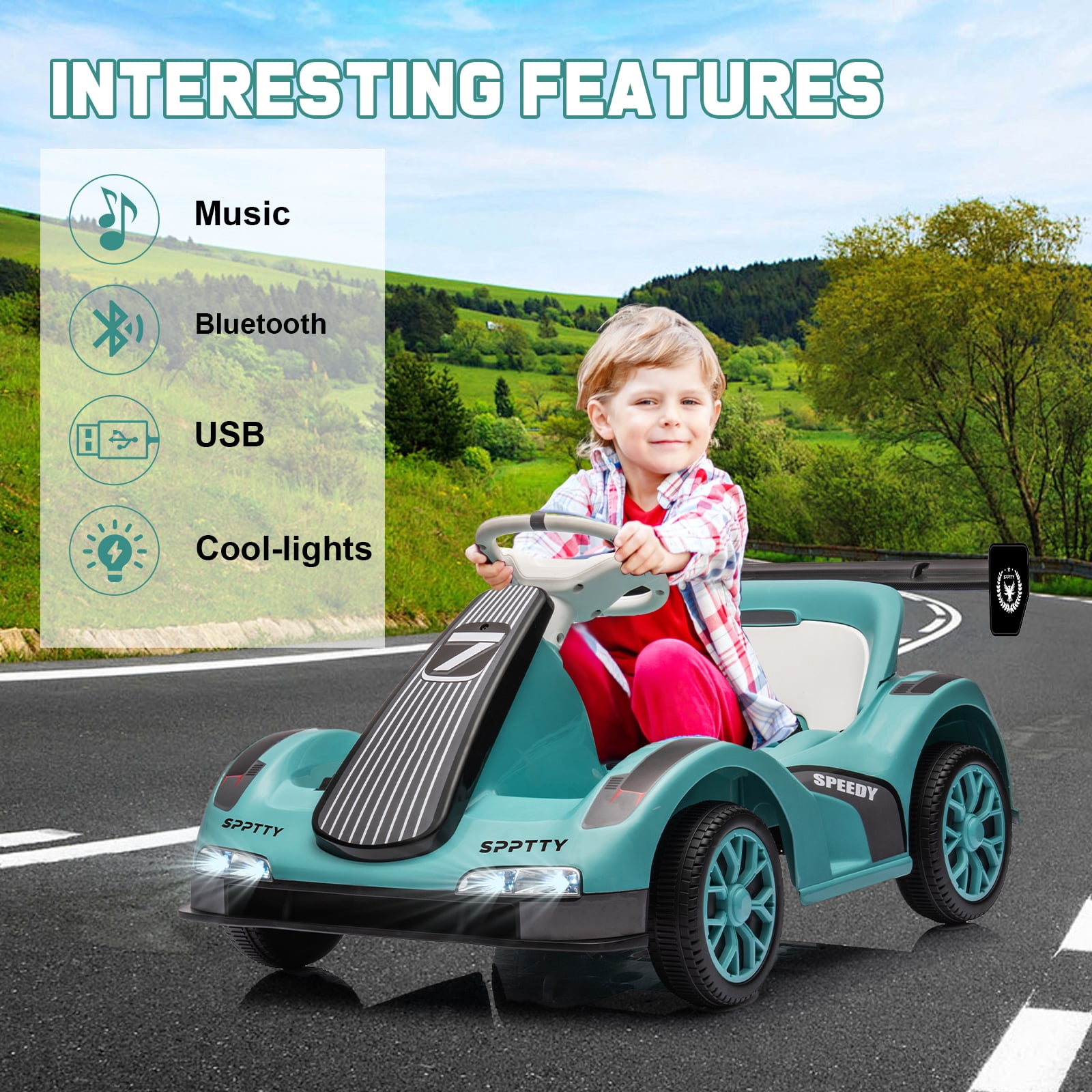 12V Electric Car Go Kart,Ride On Car for Boys Girls,Kids Ride On Toys with Remote Control and USB Port,Music&Story,Children Vehicle Toy Gift