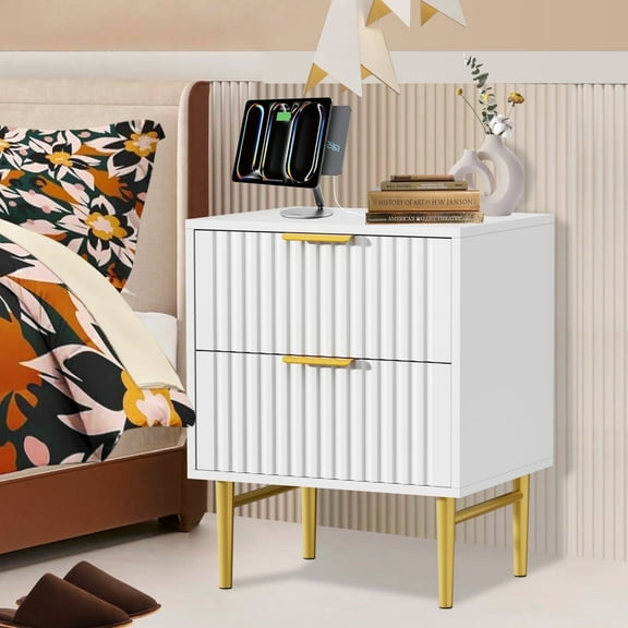 Glavbiku White Modern 2-Drawer Nightstand with Charging Station,Wood Bedside Table for Adult,23.5"H