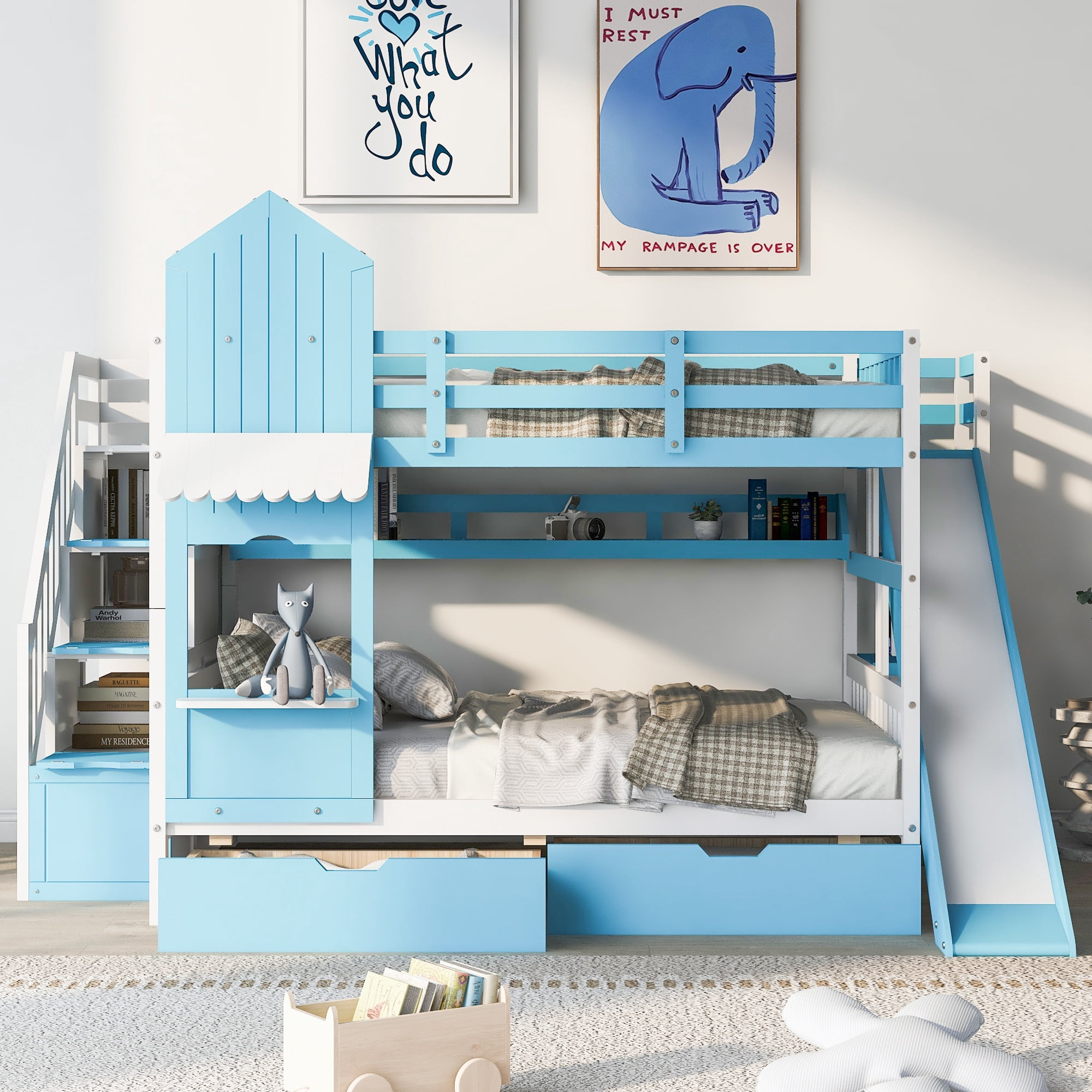 Full over Full Bunk Bed for Kids, Castle Style Bunk Beds with 2 Drawers, Slide and Storage Shelves, Solid Wood Bunk Bed Frame for Kids Girls Boys Teens