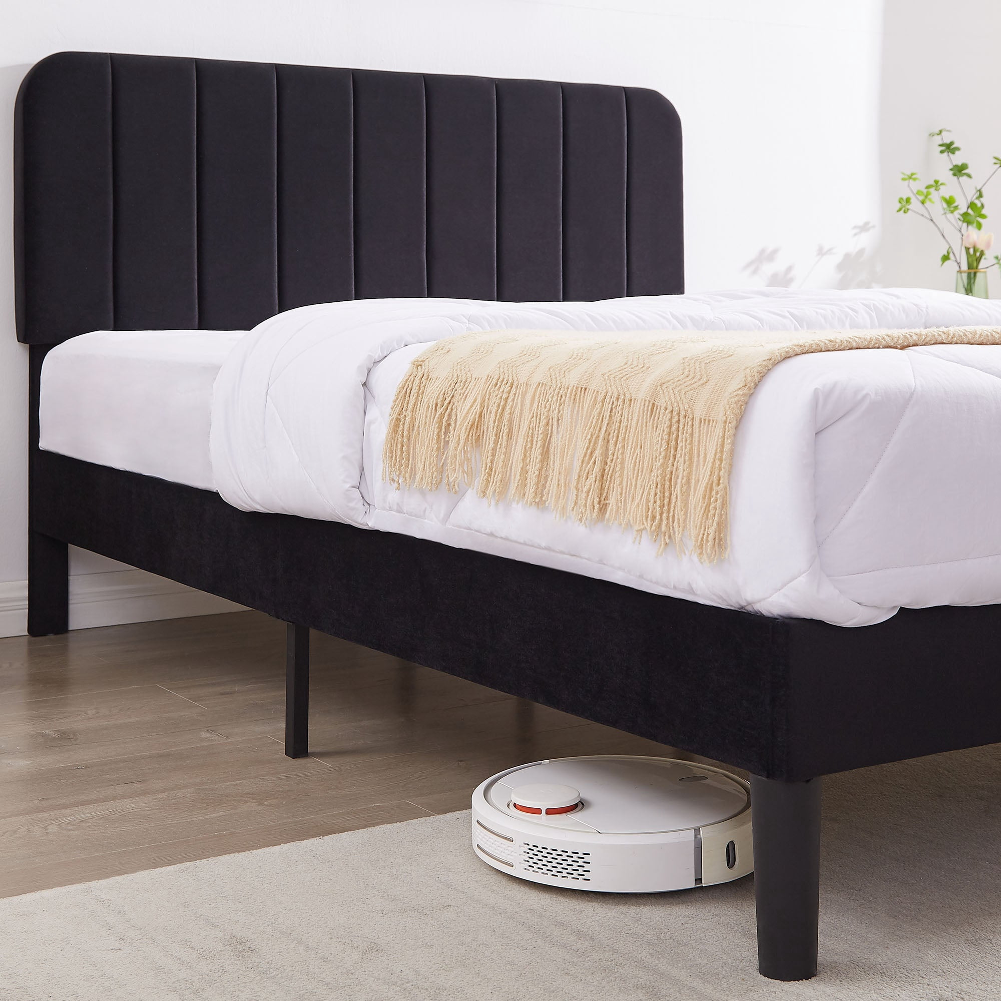 VECELO Queen Size Bed Frame with Upholstered Headboard, Velvet Platform Bedframe Mattress Foundation, Strong Wood Slat Support, No Box Spring Needed,Velvet Black