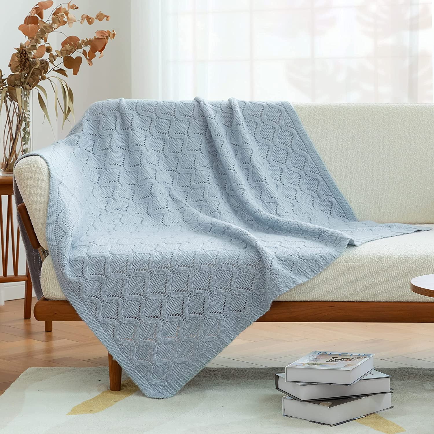 Amelie Home Lightweight Wave Pattern Knit Throw Blanket Cozy Soft Warm Farmhouse Decorative Knitted Throw Blankets for Couch Bed Sofa Living Room Blue 50 x 60 Walmart