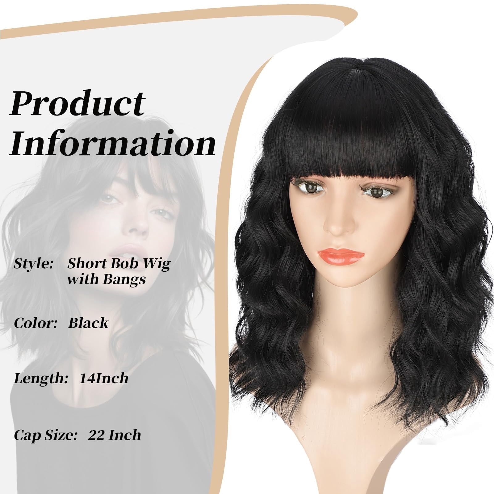 Wig with Bangs Short Bob Wigs for Women Shoulder Length Wavy Curly Wigs Synthetic Fiber Wigs 14 Inches for Daily Party Use