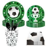 CC HOME Soccer Theme Birthday Party Tableware Set Serves 16 - Disposable Paper Plates, Napkins, Cups, Forks, Soccer Theme Birthday Party Supplies for 16 Guests