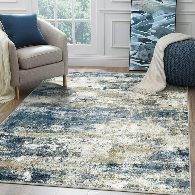 BEIMO Area Rugs 8x10 for Living Room Bedroom, Modern Abstract Machine Washable Rug, Large Soft Low-Pile Floor Carpet with Non Slip Backing for Dining Room, Navy Blue Beige