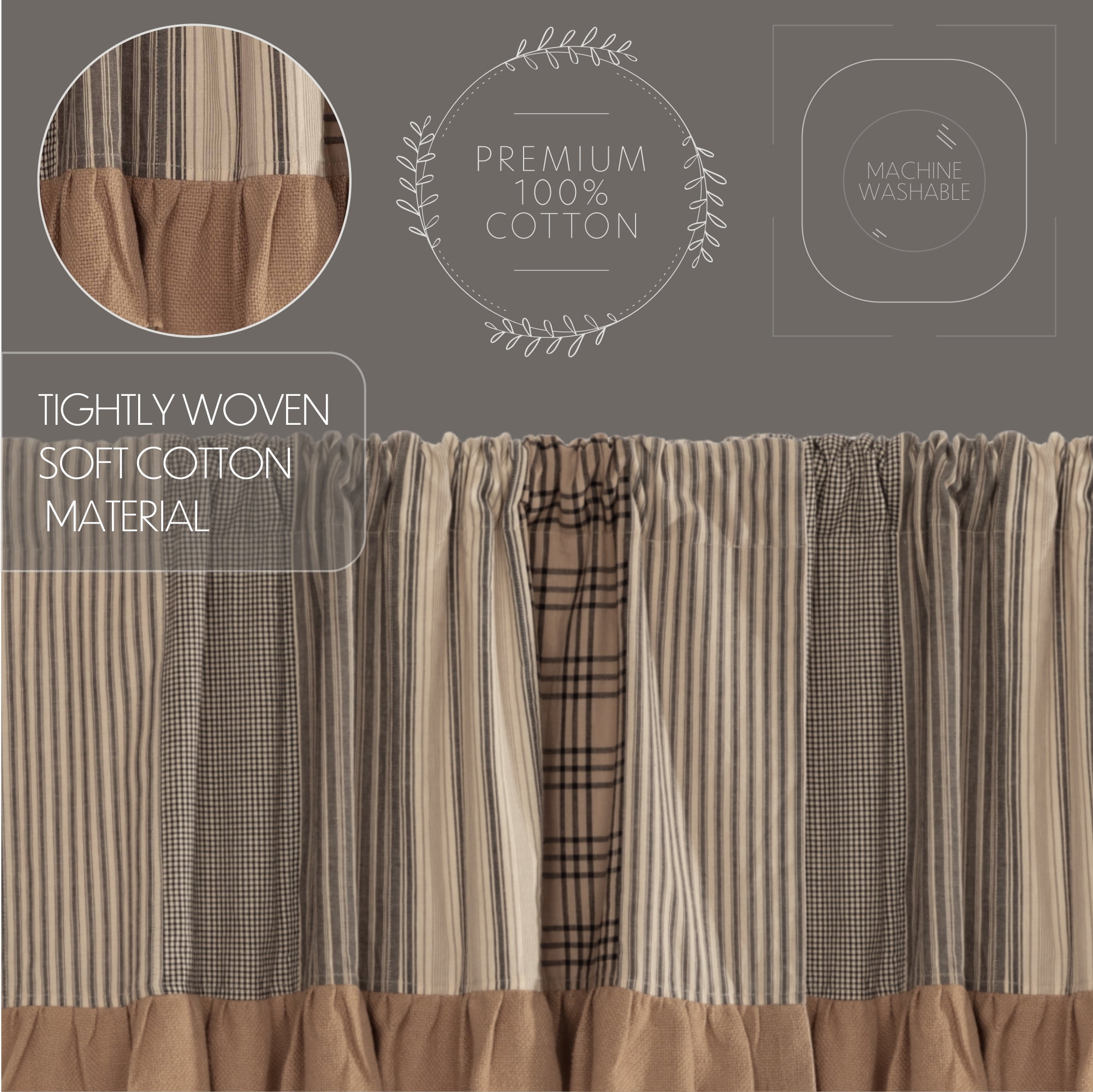 VHC Brands Sawyer Mill Charcoal Farmhouse Curtains for Kitchen Window Topper Linen Plaid Striped Patchwork Ruffled Light Filtering (Valance 19x72)