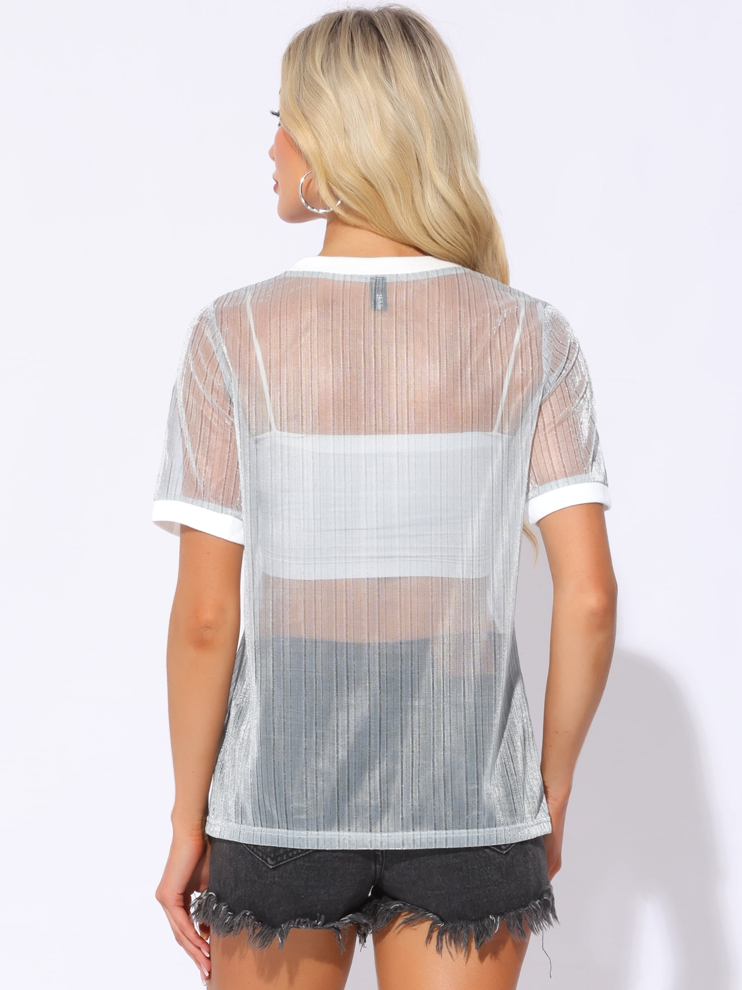 DARING DIVA Women's Sheer Mesh Top Contrast Short Sleeve T-Shirt M Silver White