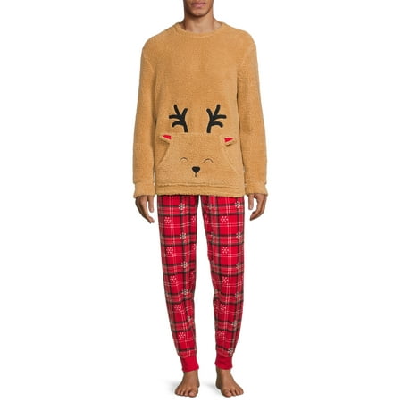 Sleepy Nites Reindeer Sherpa Holiday Matching Family Christmas Pajamas Men's Sleepwear Set, 2-Piece, Sizes S-XL