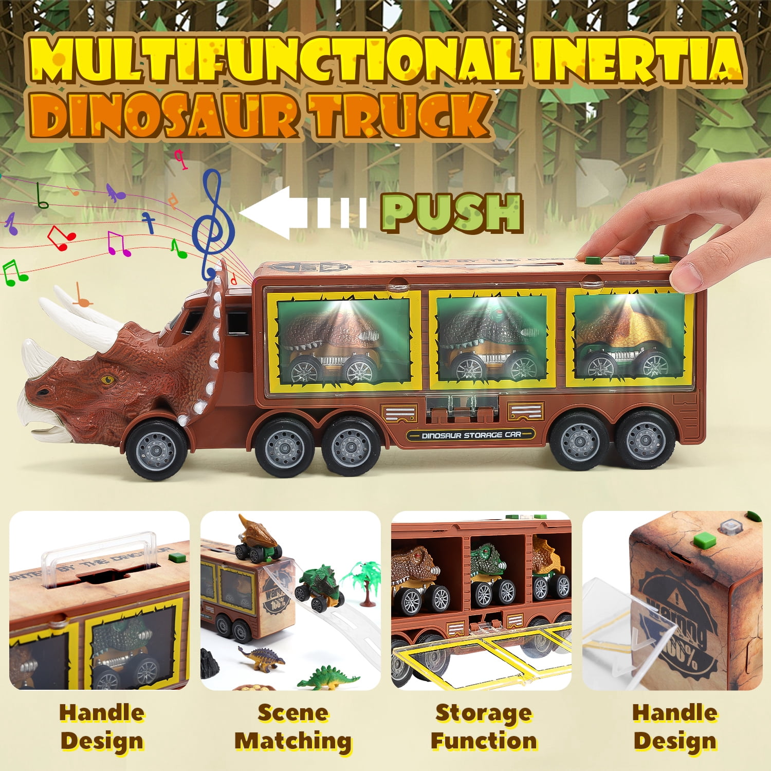 JoyStone 20 in 1 Dinosaur Truck Toys with Lights & Sounds,  Dinosaur Play Set for Kids 3-5 Years, Including 6 Pull Back Cars, 6 Dino Figures, Birthday Gift for Boys Girls, Brown