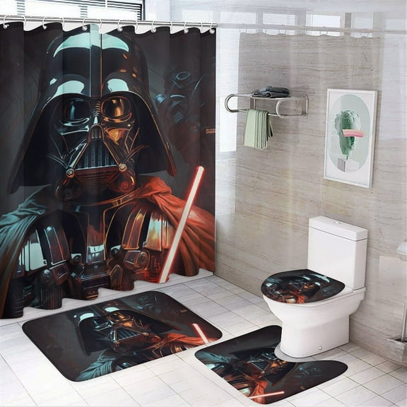 4 Pcs Shower Curtain Set Darth Vader Shower Curtain with 12 Hooks, Non-Slip Rugs,Toilet Lid Cover And Bath Mat for Bathroom Decor