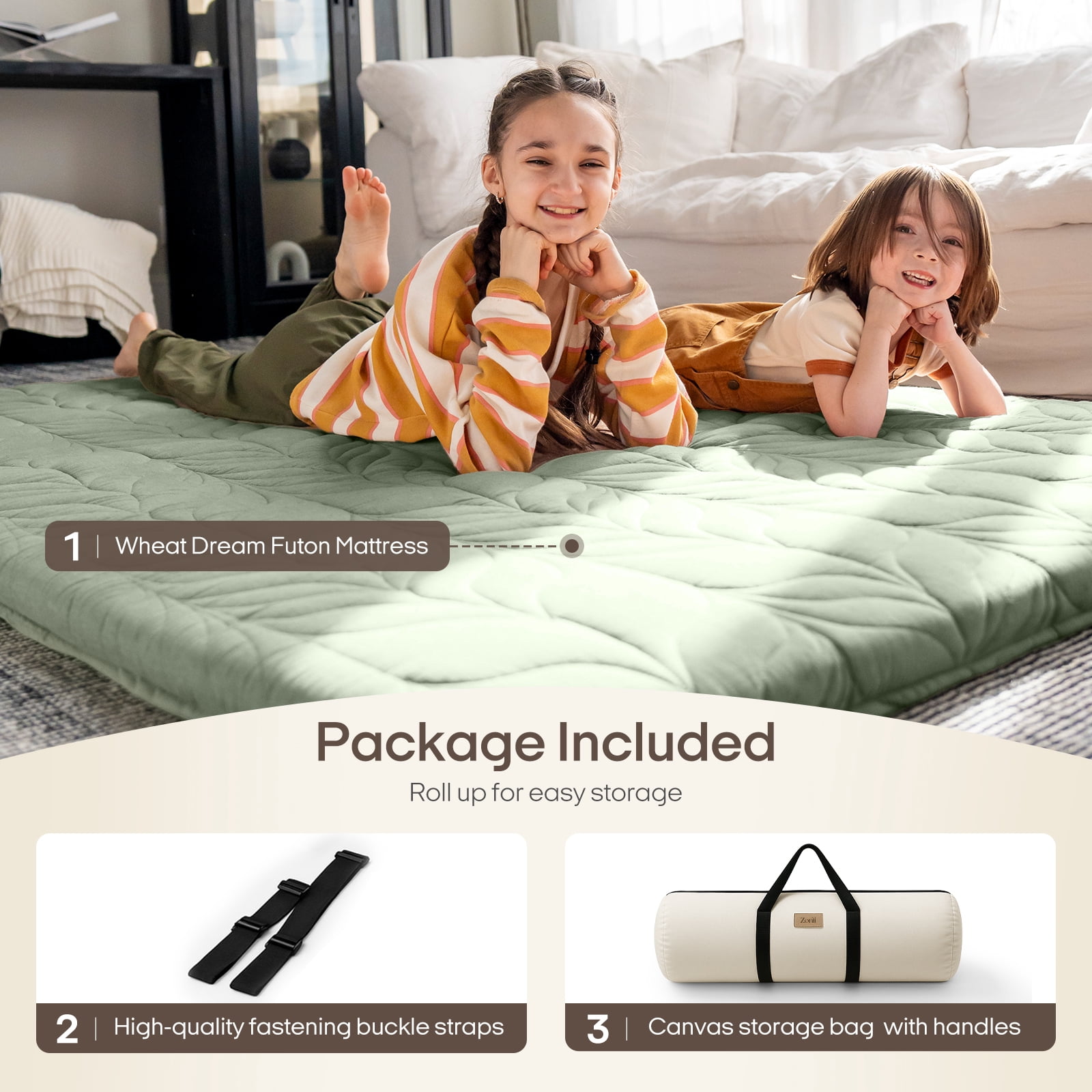 Zonli Japanese Floor Mattress Futon, Foldable Tatami Mat with Cotton Cover, Full 75"x54", Green