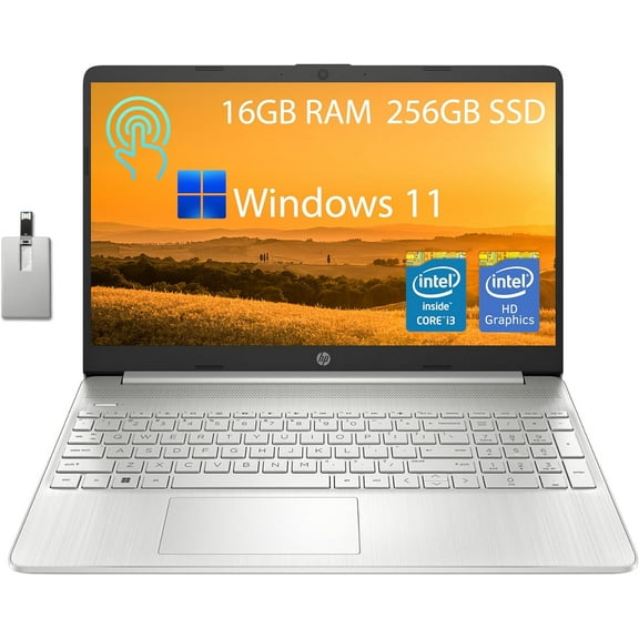 HP 15.6" HD Touchscreen Student Laptop, Intel Core i3-1115G4, 16GB RAM, 256GB PCIe SSD, Intel UHD Graphics, HD Webcam, Wi-Fi 5, Bluetooth, Silver, Win 11, 32GB Snow Bell USB Card
