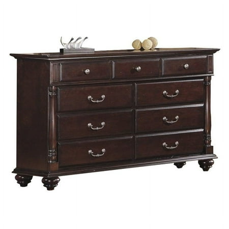 9 Drawer Wooden Dresser In Traditional Style, Dark Cherry Brown