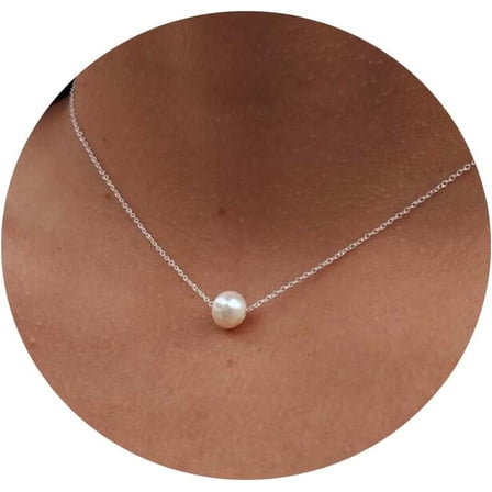Dainty Pearl Necklaces For Women 14K Gold/Silver Plated Cute Single Pearl Necklace Elegant Small Tiny Pearl Choker Thin Chain Necklace Simple White Pearl Drop Y Long Necklace Freshwater Pear[o6282]