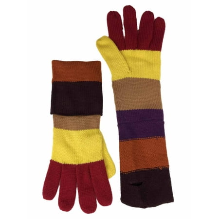 Womens Colorful Long Brown & Yellow Stripe Convertible Fold Over Knit Gloves