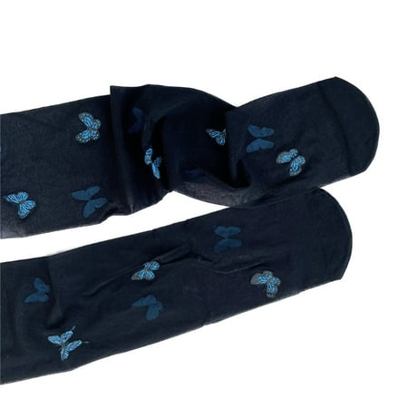 

ZUARFY Women Blue Butterfly Print Pantyhose Ultra-Thin Lolita Silky Sheer Tights Socks
