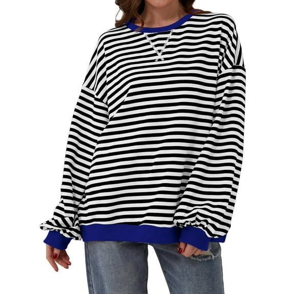 Womens Oversized Shirts Fashion Striped Color Block Long Sleeve Round Neck Tunic Blouses Relaxed Fit Casual Workout Basic Tees