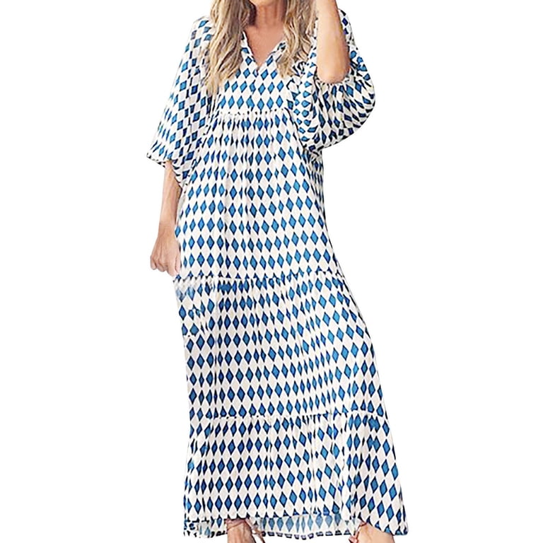 three quarter sleeve boho maxi dress White Printed Cotton Maxi Dress with Three-Quarter Elasticated Sleeves main image 1