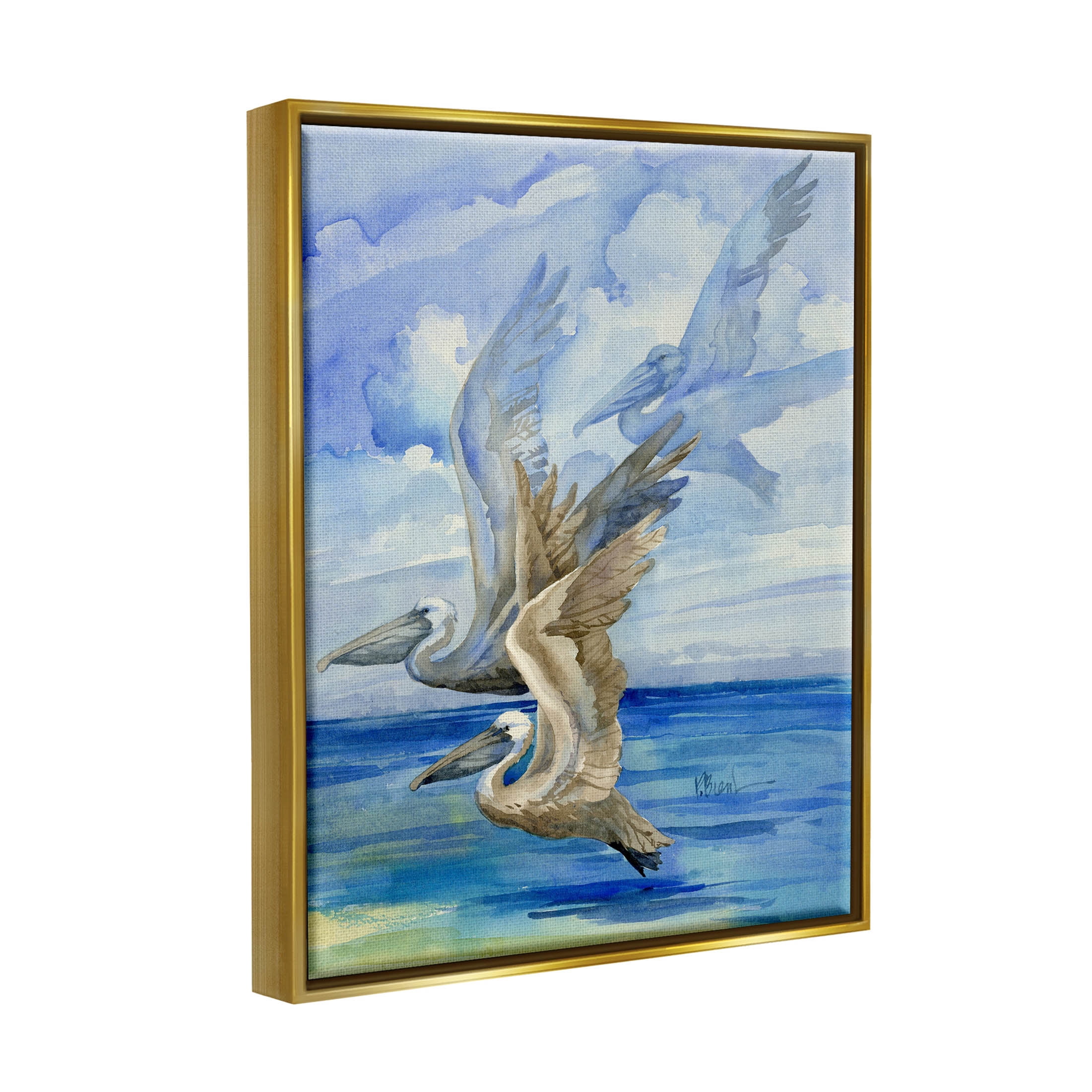 Stupell Industries Pelicans Trio Over Ocean Shore Painting Metallic Gold Floating Framed Canvas Print Wall Art, Design by Paul Brent