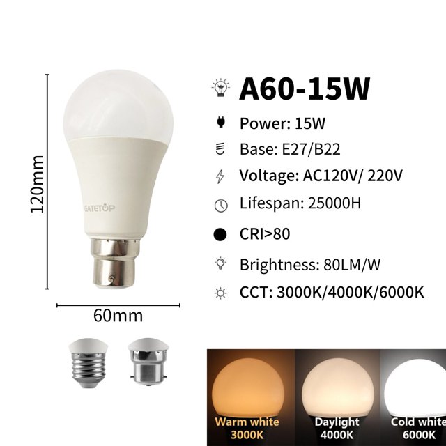 Bombilla LED Serie A60-A80, Base E27/ B22, 3000/4000/6000K, 8W, 9W, 10W, 12W, 15W, 18W, 20W, 24W, para decoración de sala de estar y dormitorio, 6 piezas