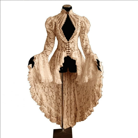 BLTIBY Womens Gowns Dress Halloween Renaissance Gothic Lace Dresses Long Flare Sleeve Waist Irregular Big Hem Retro Courtwear Beige XXL