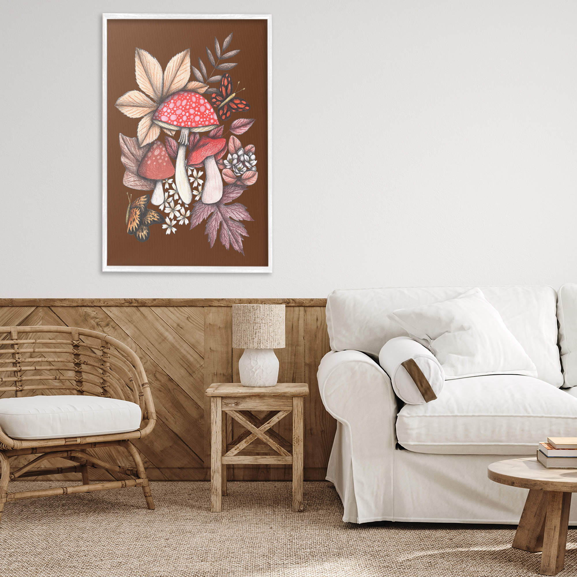 Autumnal Mushrooms Magic White Framed Giclee Art, design by Cecilia Battaini