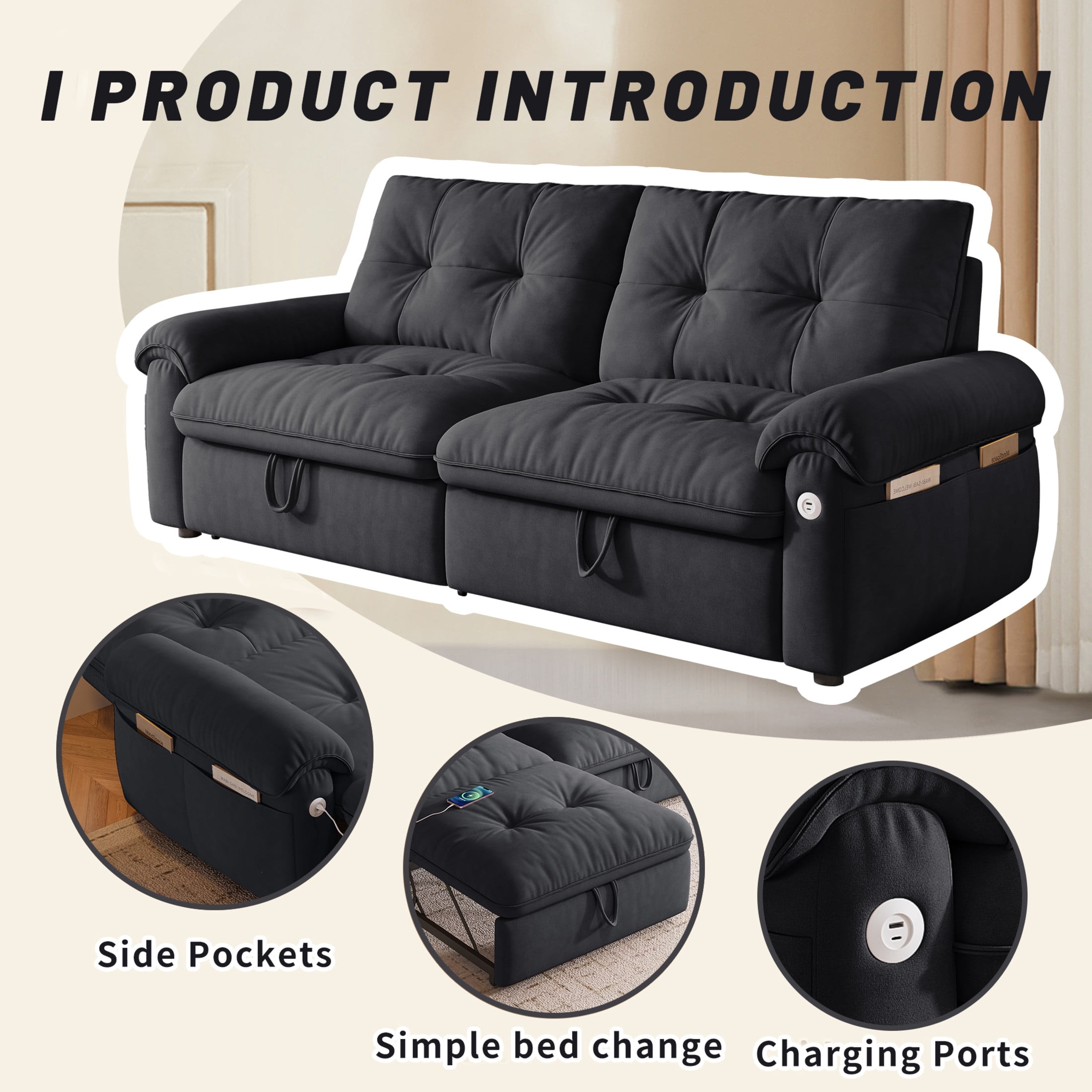 Noble House 77" Modern Velvet Convertible Sofa Bed, Pull Out Loveseat with Adjustable Backrest & USB Ports, Gray