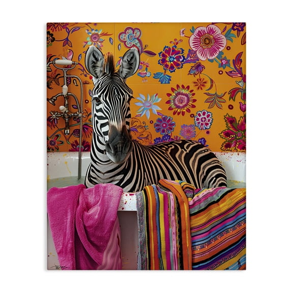 Zebra Bath with Colorful Towel Canvas Wall Art, design by Momart