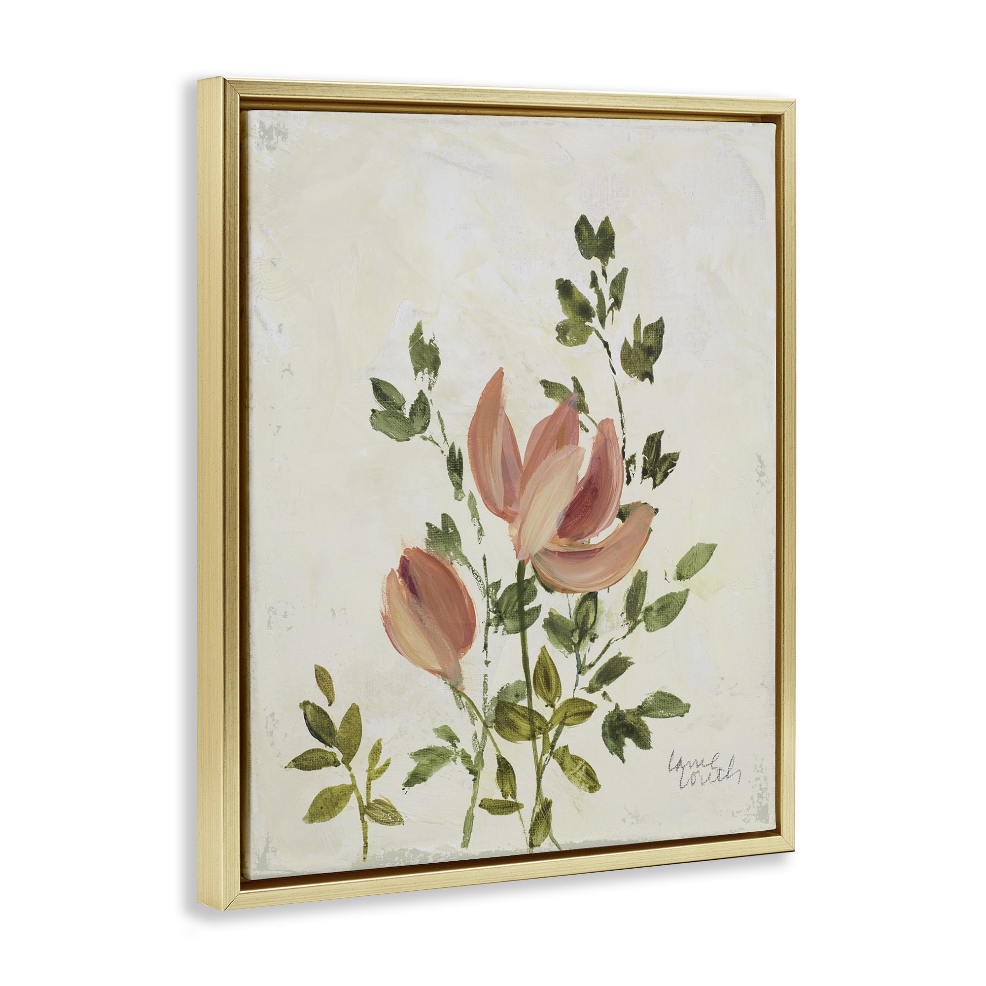 Stupell Industries Pink Florals Vintage Leaves Floral & Botanical Painting Gold Floater Framed Canvas Art Print Wall Art, 17 x 21