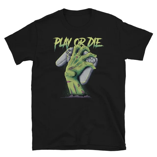 T-Shirt Unisexe Play Or Die Zombie Hand Controller Rétro pour Jeux Vidéo et Arcade, Geek, Taille P-5TG Z2480