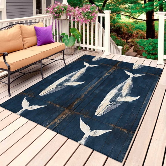 Summer Whale Blue Outdoor Rug 6x9 Ft, Non Slip Washable Area Rug, Ocean Vintage Wooden Grain Patio Rugs Carpet Runner, Large Floor Mat for Indoor/Outdoor Deck Porch Camping