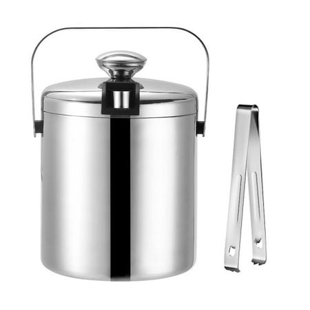 

1pc Double Walled Stainless Steel Ice Bucket Portable Ice Chiller Cooler Ice Cube Container for Wine Champagne Beer KTV Bar (Silver 1.3L)