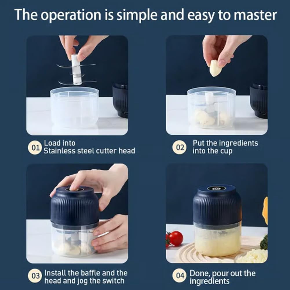 300ml Electric Garlic Chopper, Mini Portable Veggie Cutter with 4 Sharp Stainless Steel Blades, Compact One-Touch Food Processor Easy to Clean