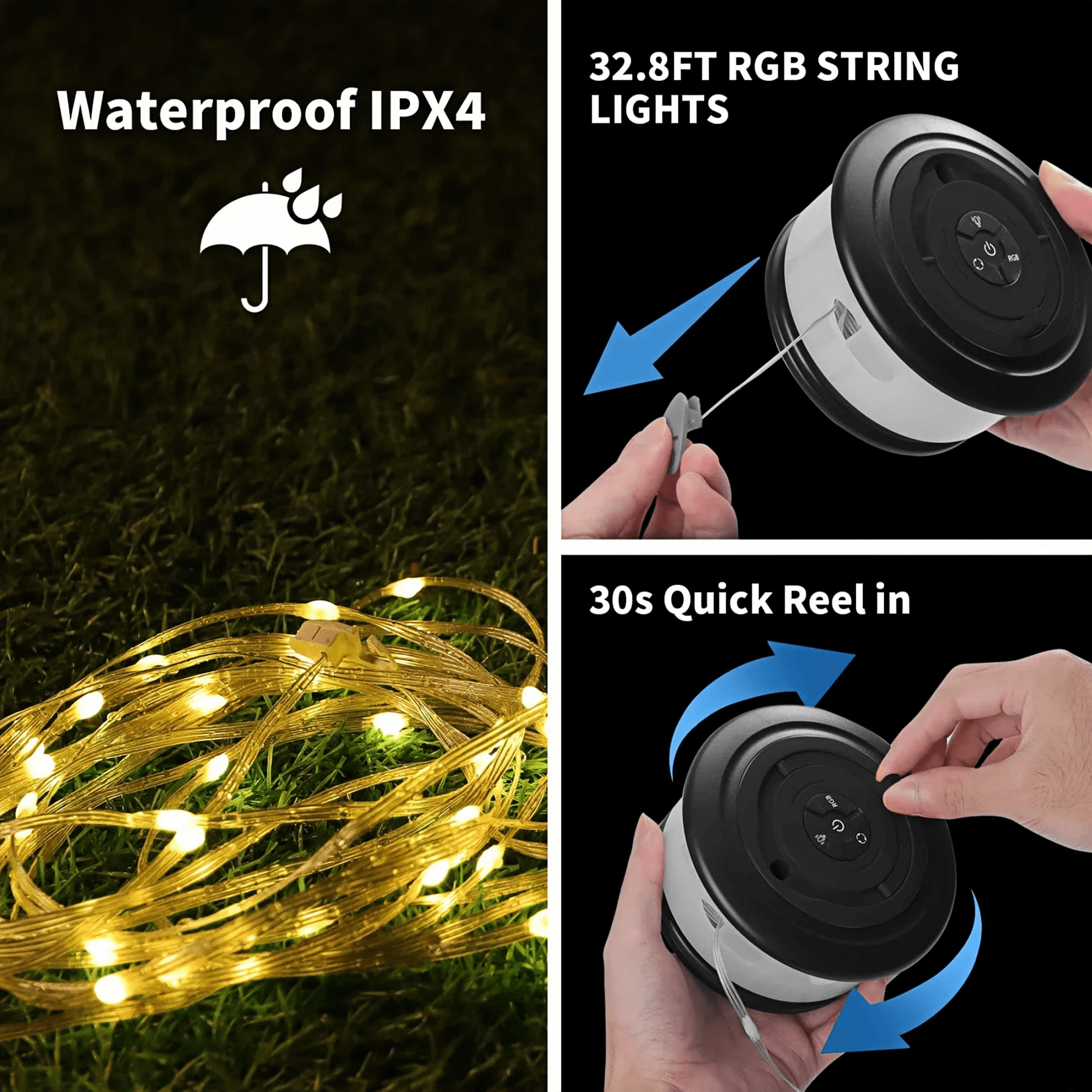KOBAIBAN 3-in-1 Camping Lights, 32.8FT Rechargeable Camping String Lights with 19 Lighting Modes, IPX4 Waterproof LED Tent Lights for Camping Yard Patio, Black