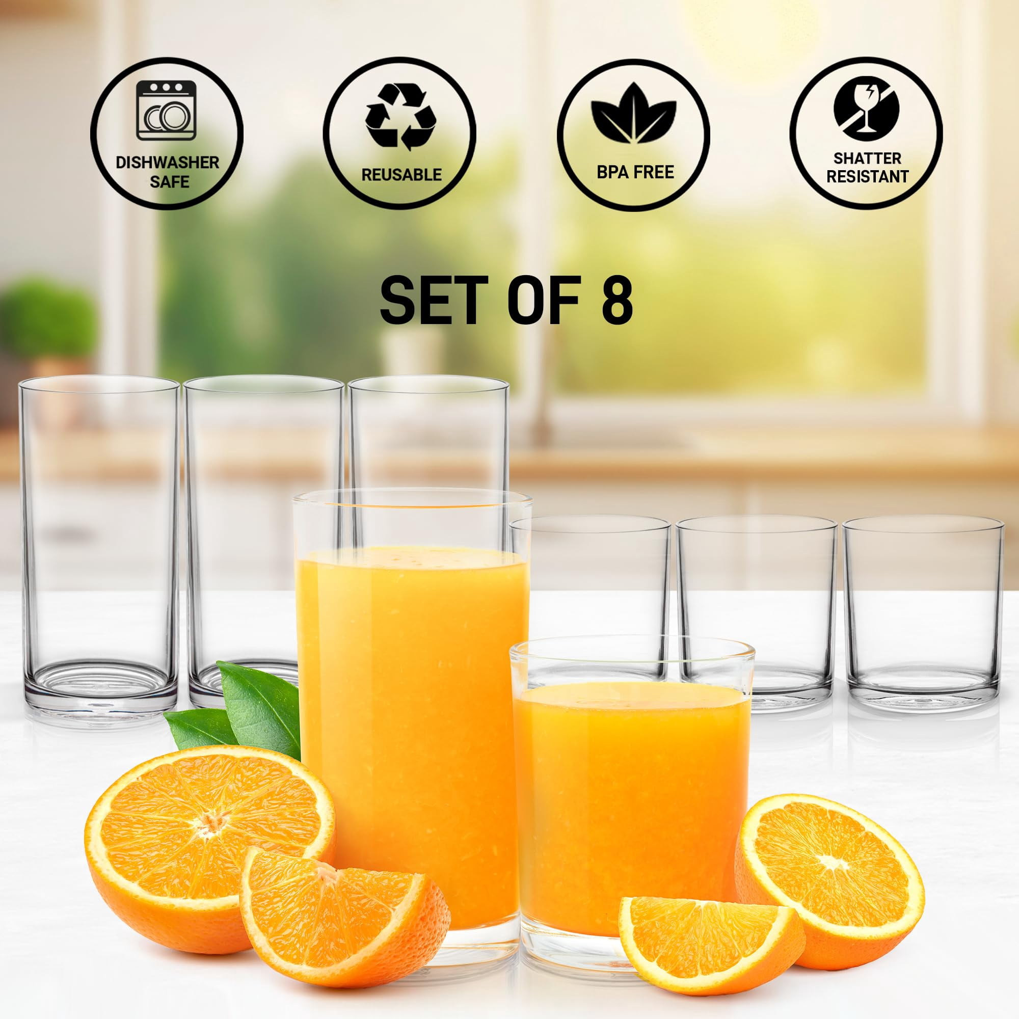 Zulay Kitchen Clear Plastic Drinking Glasses Set of 8 - Acrylic 12 oz & 16 oz  Beverage Tumblers, Shatterproof