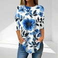 thumbnail image 2 of CYMMPU Fall Trendy Shirts 3/4 Sleeve Loose Fit T-Shirts Round Neck Blouses for Women Dressy Casual Spring Tops Flower Printed Hide Low Hem Plus Size T-Shirts XXXL, 2 of 5