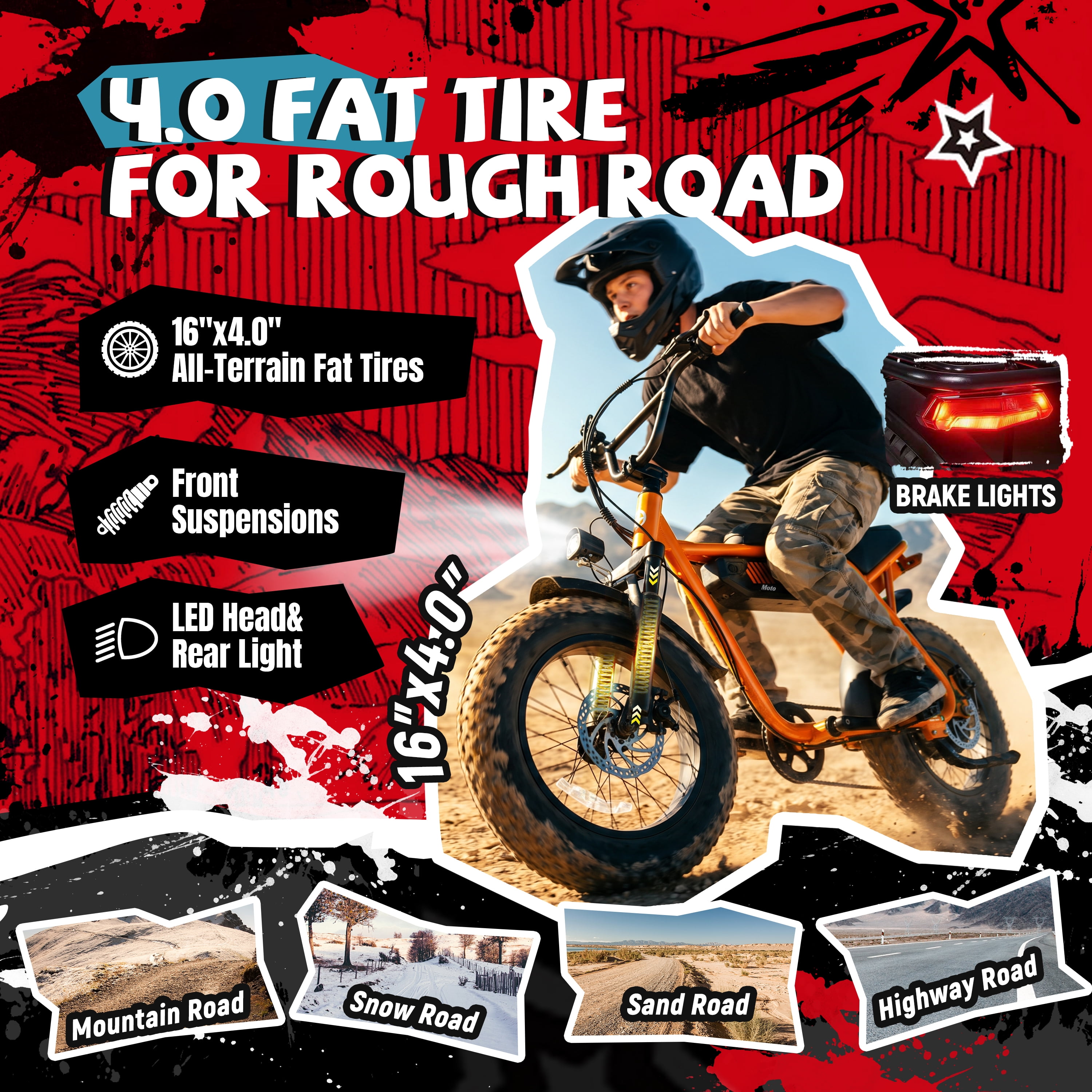 ESKUTE V101 Electric Bike for Adults & Teens 750W Peak 1500W, 28MPH, 48V 13Ah Battery, 16"x4.0" Fat Tire E-Bike, 7-Speed, Front Suspension, All-Terrain Ebike Orange, UL2849