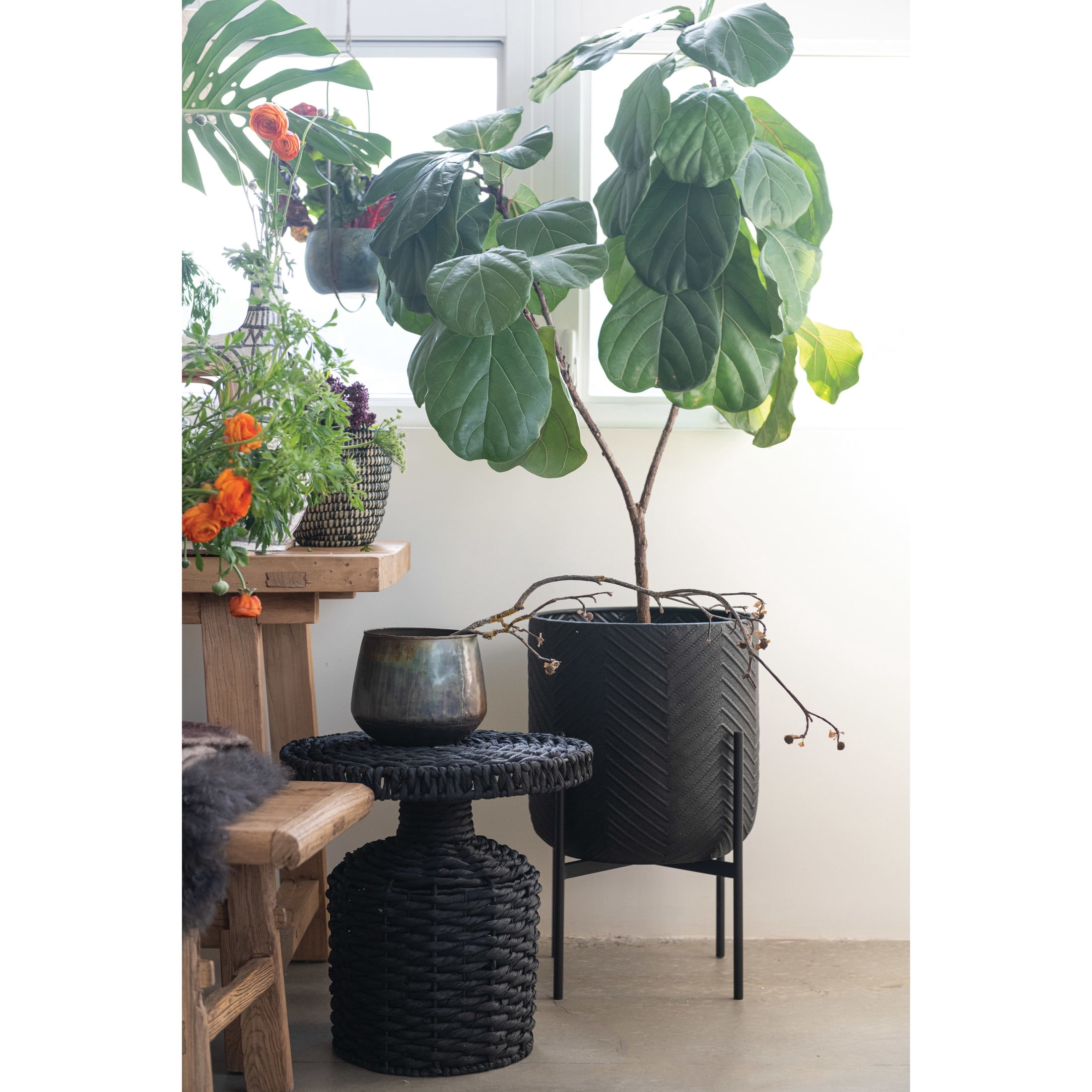 Bloomingville Round Metal Planter with Chevron Pattern on Stand, Black