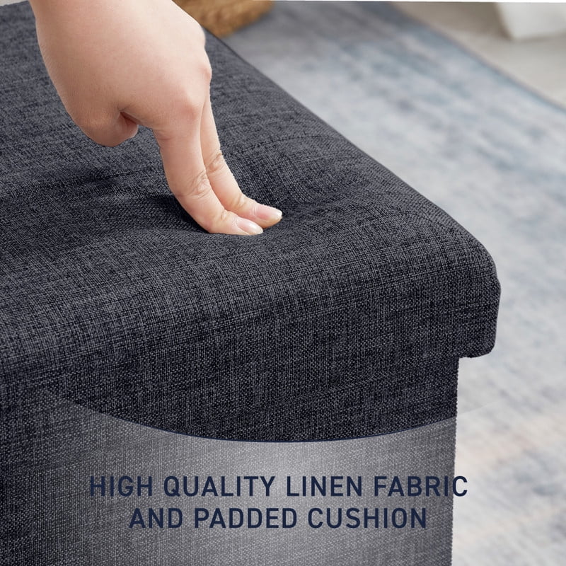 Ornavo Home 2 Pack 15 Inch Folding Storage Ottoman with Storage, Square Cube Linen Small Storage Ottoman Foot Rest Stool - Black