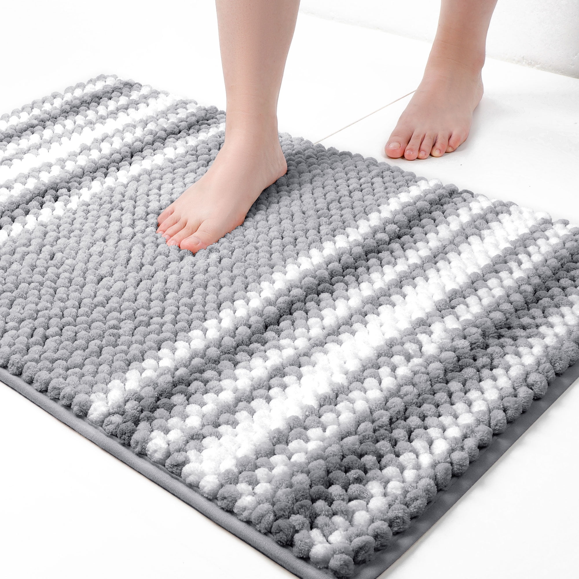 Unique Bargains Chenille Bathroom Rug Soft Fluffy Striped Bath Mat Shaggy Rugs Dark Gray 20"x32"