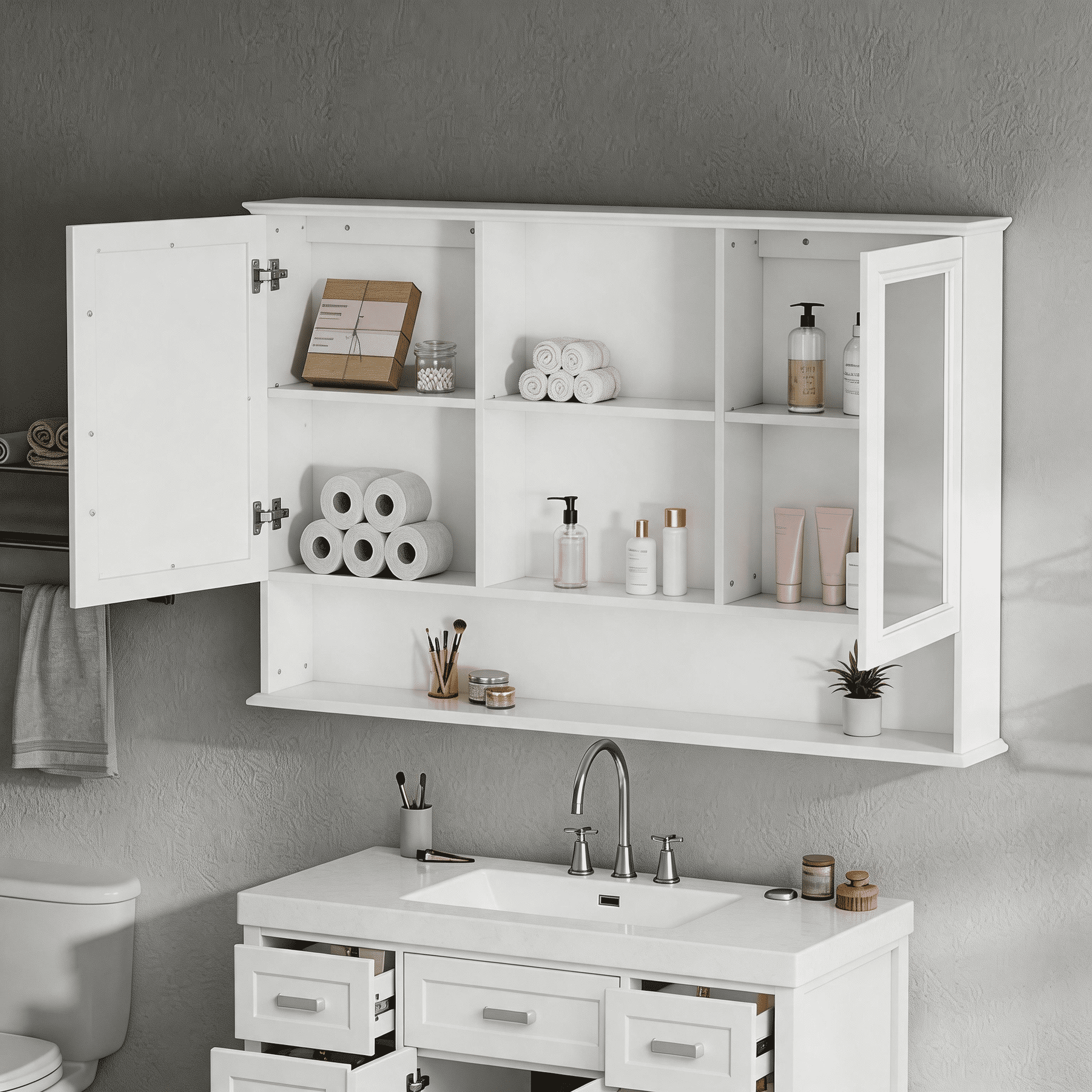 Mintazer 60" Wall Mounted Bathroom Medicine Cabinet with 2 Mirrored Doors, Adjustable Shelves & Soft Close Hinges for Bathroom Laundry Room, White