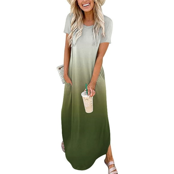 SMihono Summer Boho Maxi Dress for Women Plus Size Women's Maxi Dresses Summer Casual Cross Rounk Neck Short Sleeve Slit Vacation Beach Long Dress Beach Swing Sundress