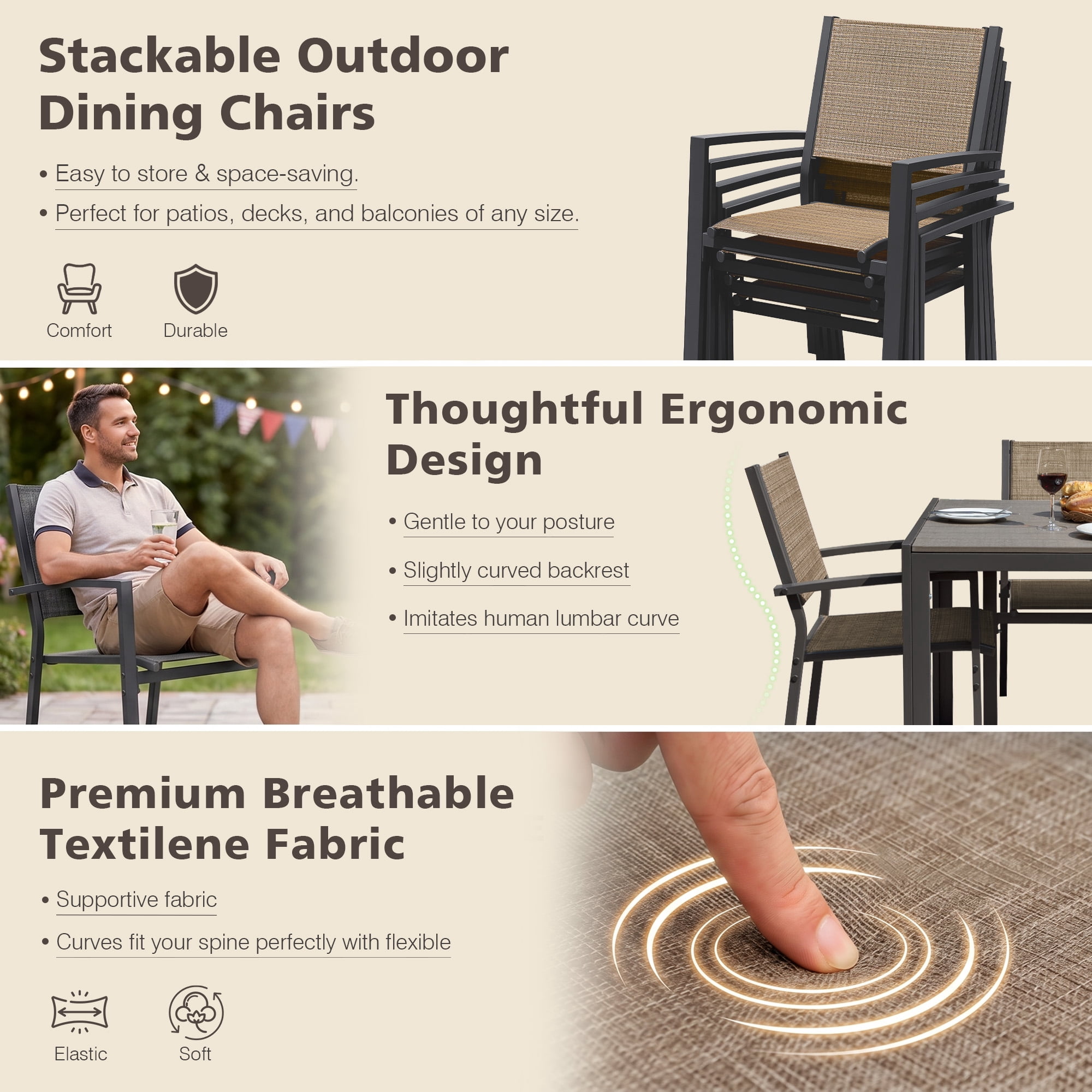 Vineego 7-Piece Outdoor Dining Set for 6, Easy-to-Store Textilene Patio Chairs Rectangular Metal Table for Backyard, Garden, Brown