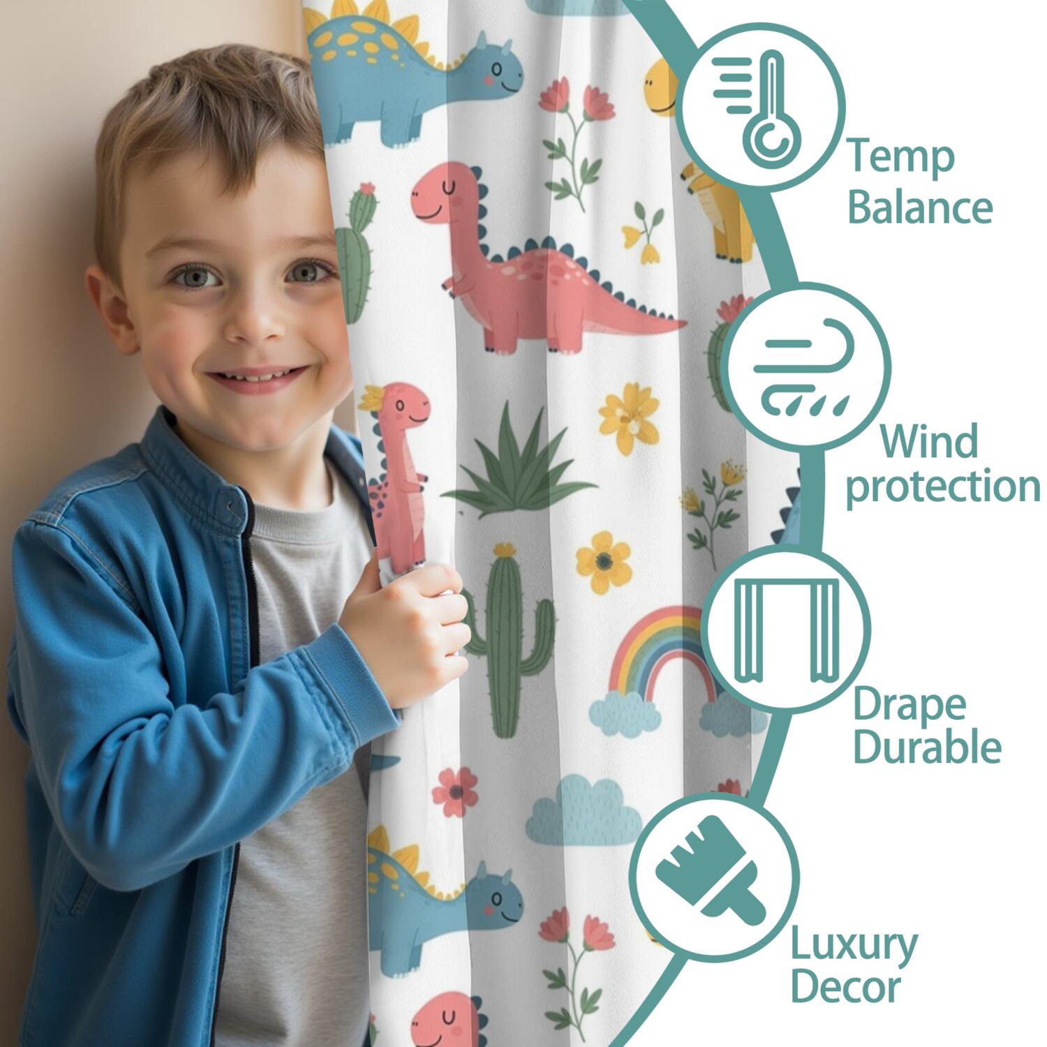 Blackout Kids Curtains,White Dinosaurs Rainbows Plants Pattern Childrens Insulated Curtains Set Of 2,Bedroom Essentials,Toddler Room Decor 42"x54"